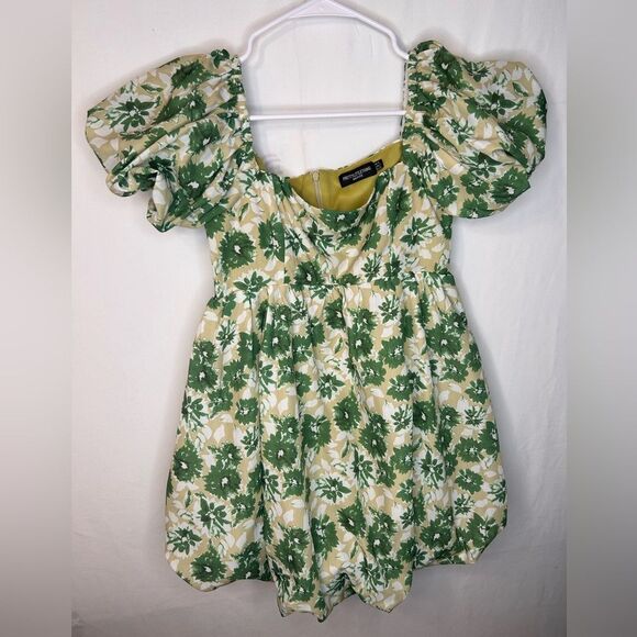 PrettyLittleThing Petite Green Yellow White Floral Puff Mini Dress. Size 0 - Picture 1 of 17